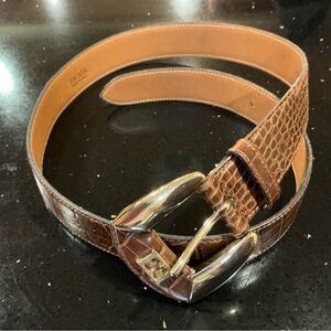 Escada Brown Croc-Embossed Leather Belt with Gold-Tone Buckle